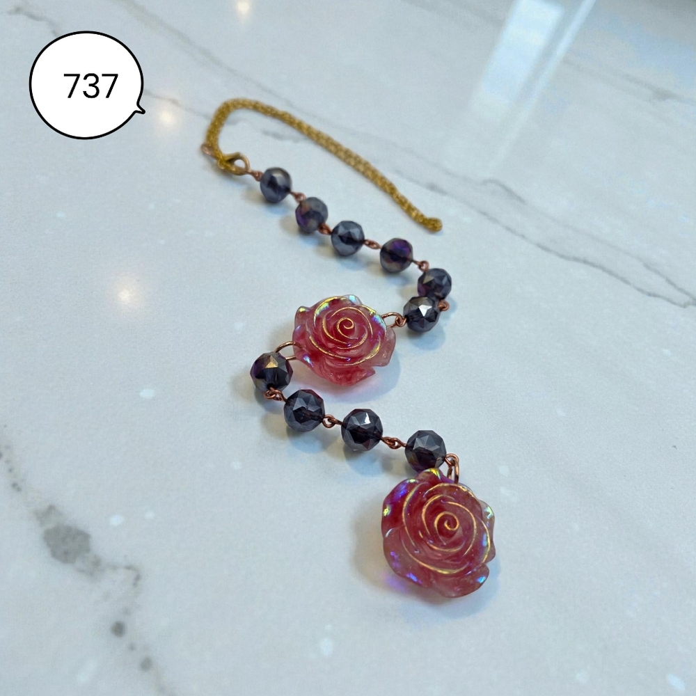 Purple Beaded Car Charm with Iridescent Rose Flowers & Gold Chain